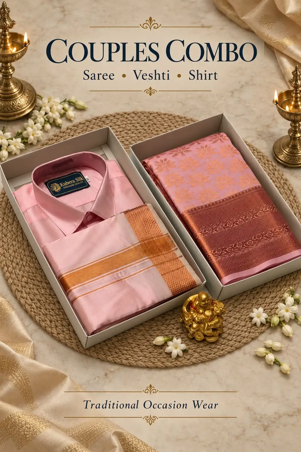 Copper Zari Brocade Floral Woven Couple Combo Set